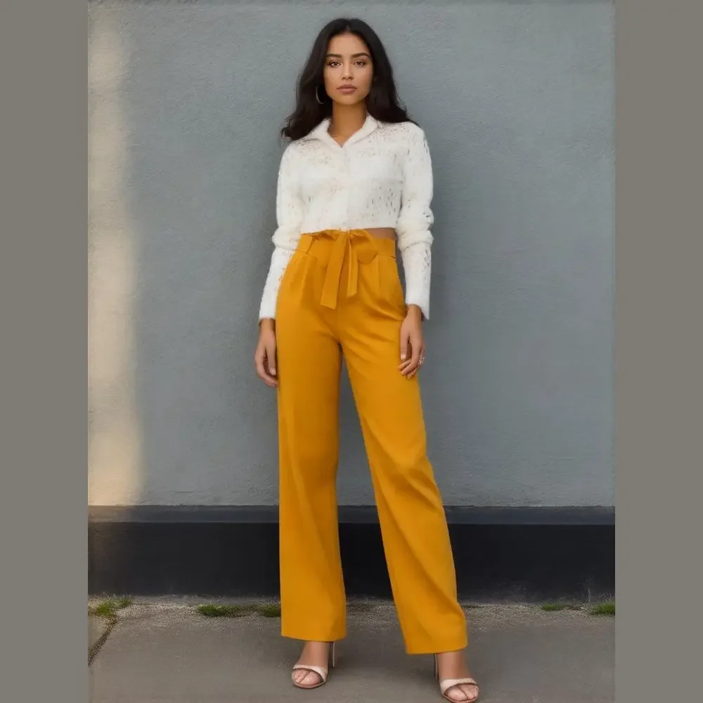 Women's H&M Pants, Ankle-length Tie-belt Pants Mustard, Size 8